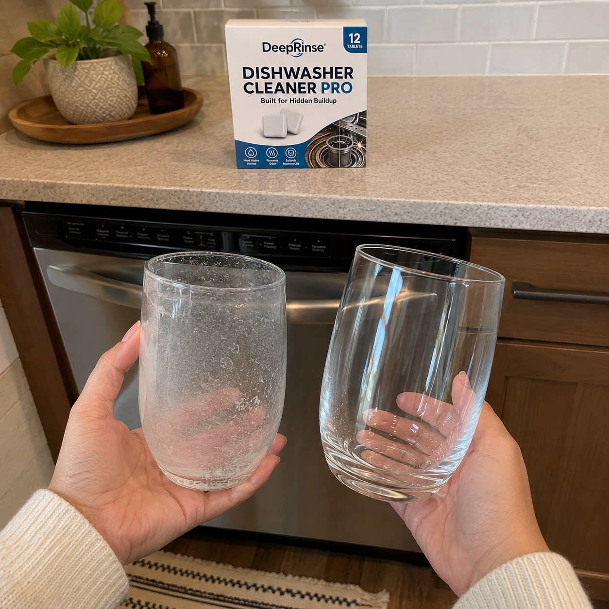 Customer comparing a cloudy glass and a clear glass after cleaning a hard-water dishwasher