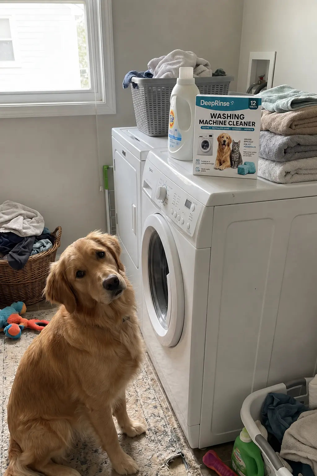 Pet owner enjoying fresh laundry after cleaning the washing machine
