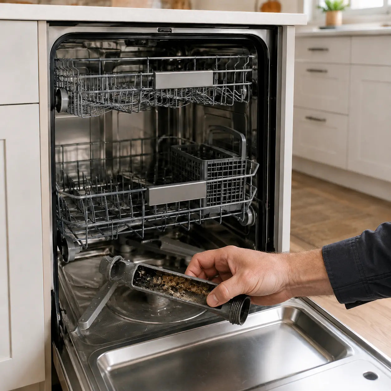 Hidden dishwasher components covered in internal buildup