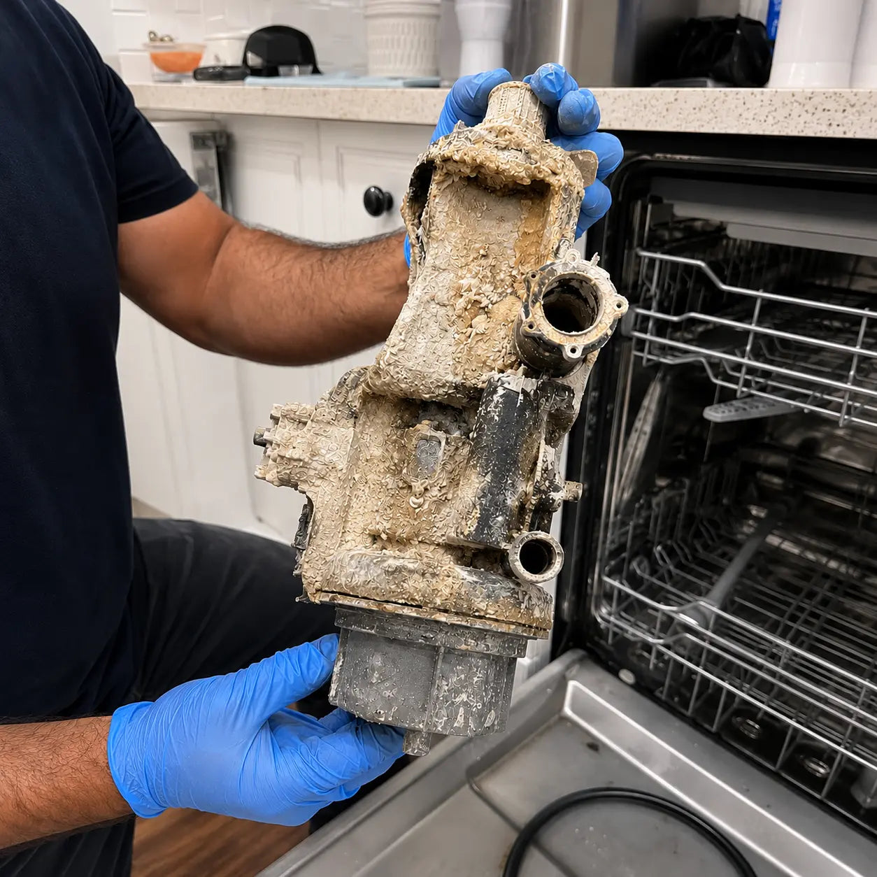 Hard water buildup inside hidden dishwasher components