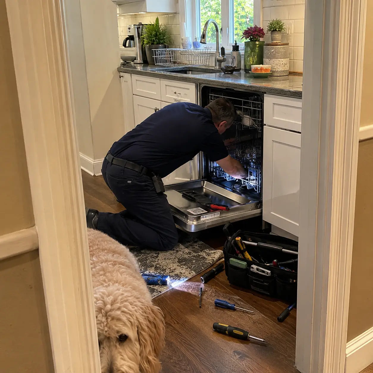 Appliance technician inspecting a dishwasher with hidden buildup